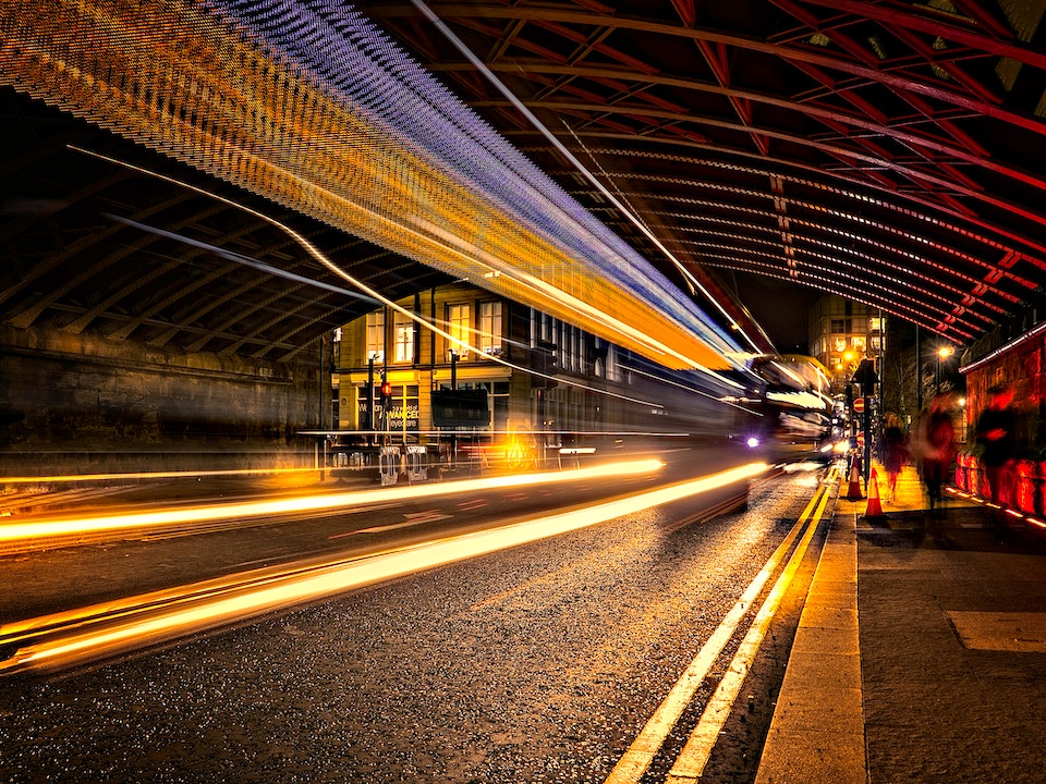 Long exposure picture of a bus travelling through a tunnel in the UK