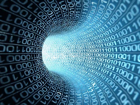 An abstract blue tunnel of white binary characters