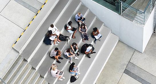 Aerial view of twelve students sitting on steps