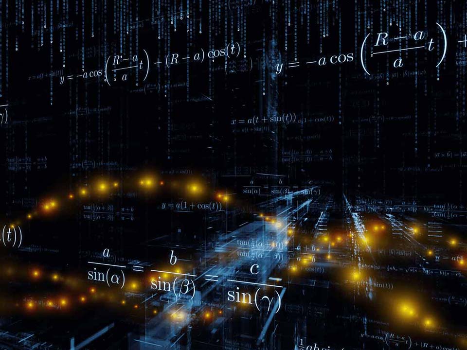 Curved rows of yellow lights on a three dimensional image of mathematical equations, circuitry and data imaging on a black background