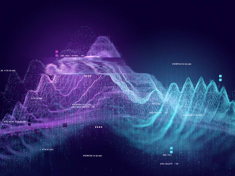 Data concept on virtual screen. Wave forms indicating data trends.