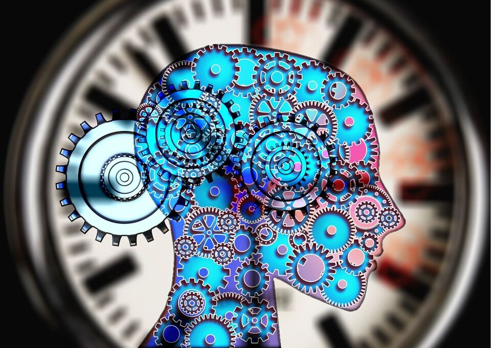 Human head with multiple connected cogs