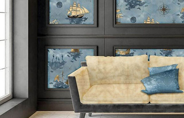 render of blue floral wallpaper in livingroom