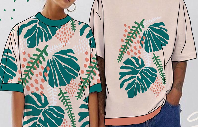 pink t-shirts with tropical leaf designs