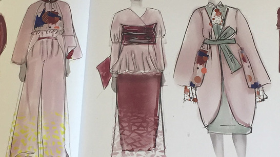 fashion sketch of modest jumpsuit, long skirt and shirt that is tied at the waist and a dress with a jacket overtop tied at the waist. All with a light pink, dark pink and sage colour theme