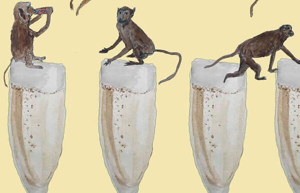 illustration of monkeys standing on filled champagne glasses