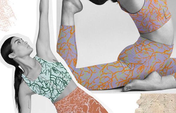 female doing yoga wearing coral print yoga cropped top and leggings