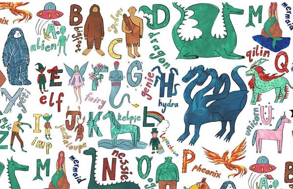 illustrated alphabet with a mythical creature matching each letter