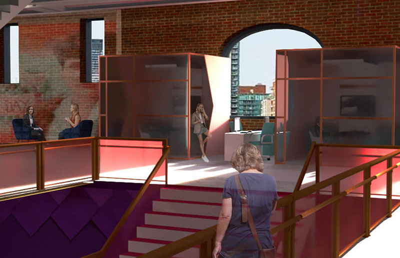 digital render of red and purple open plan office space stairs