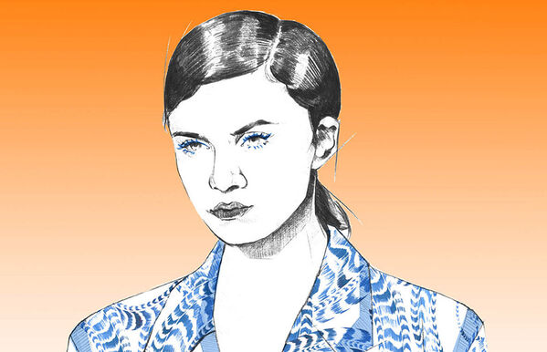 pencil drawn headshot of a woman with sleek ponytail and patterned blue and white blazer