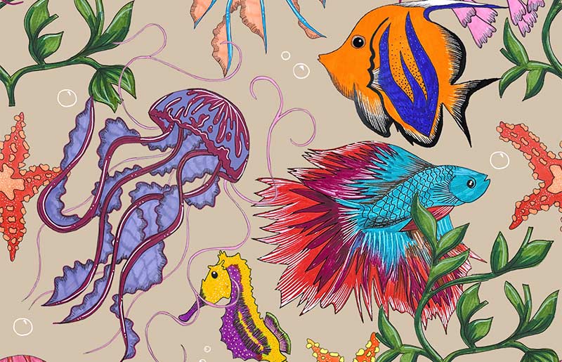 hand drawn multi coloured tropical fish textile