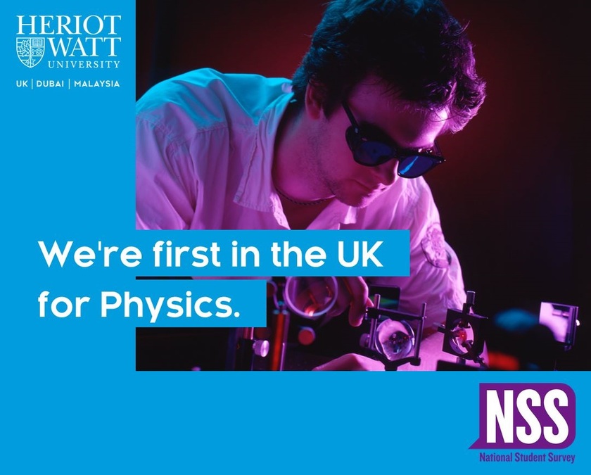 National Student Survey places Heriot Watt Physics first in the UK based upon Overall Student Satisfaction, NSS 2020