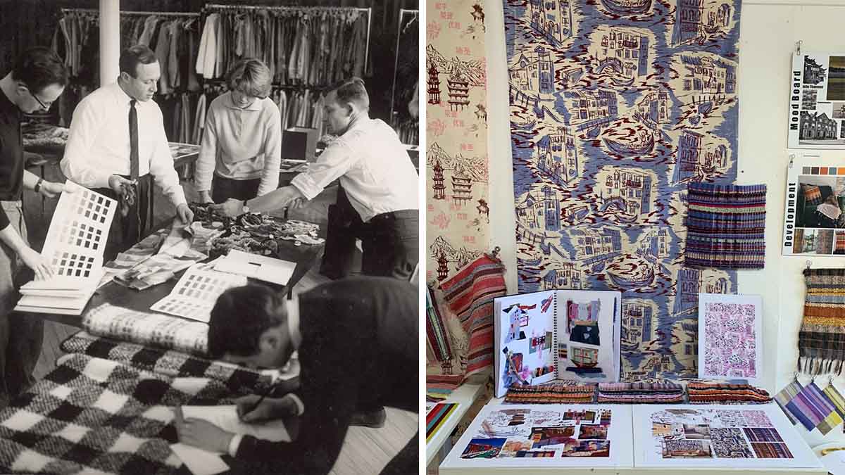 Bernat Klein with colleagues in his studio beside an image of student textile designs inspired by the photography of John Thomson