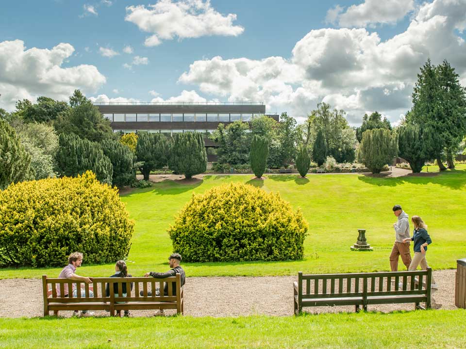 Students enjoying the lawn in the sunshine.